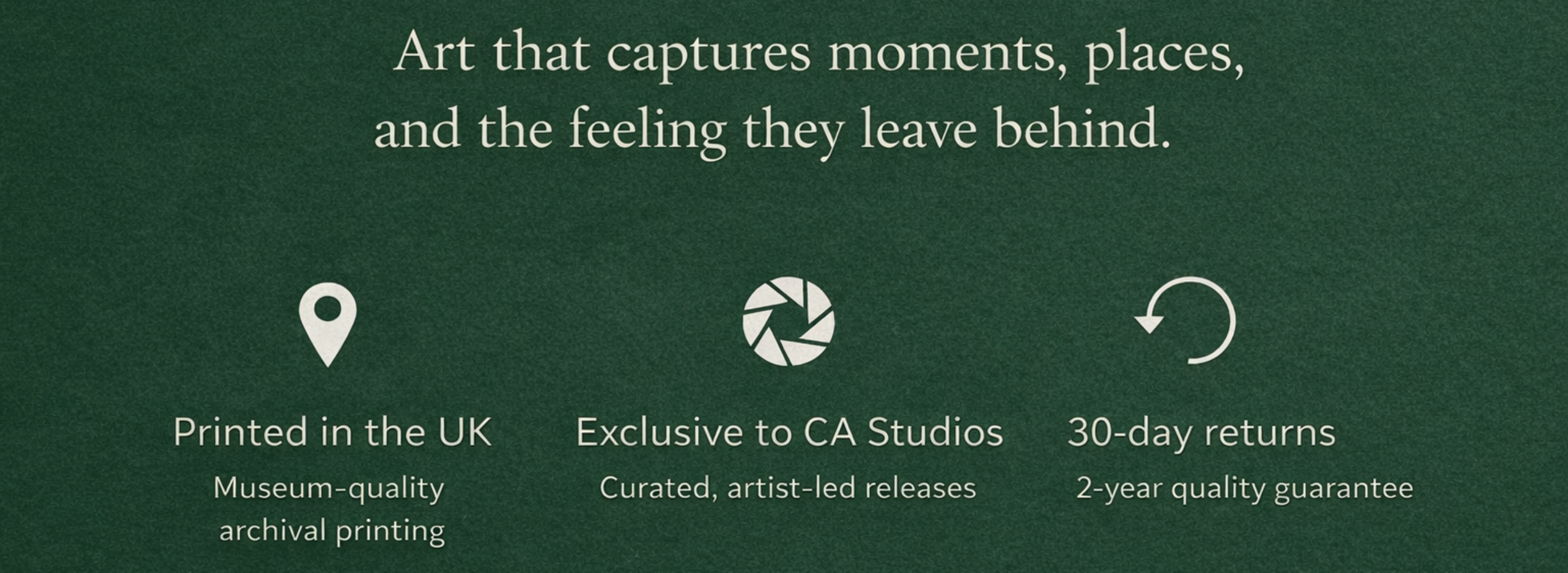 Promotional text and icons on a green background about art capturing moments and places.